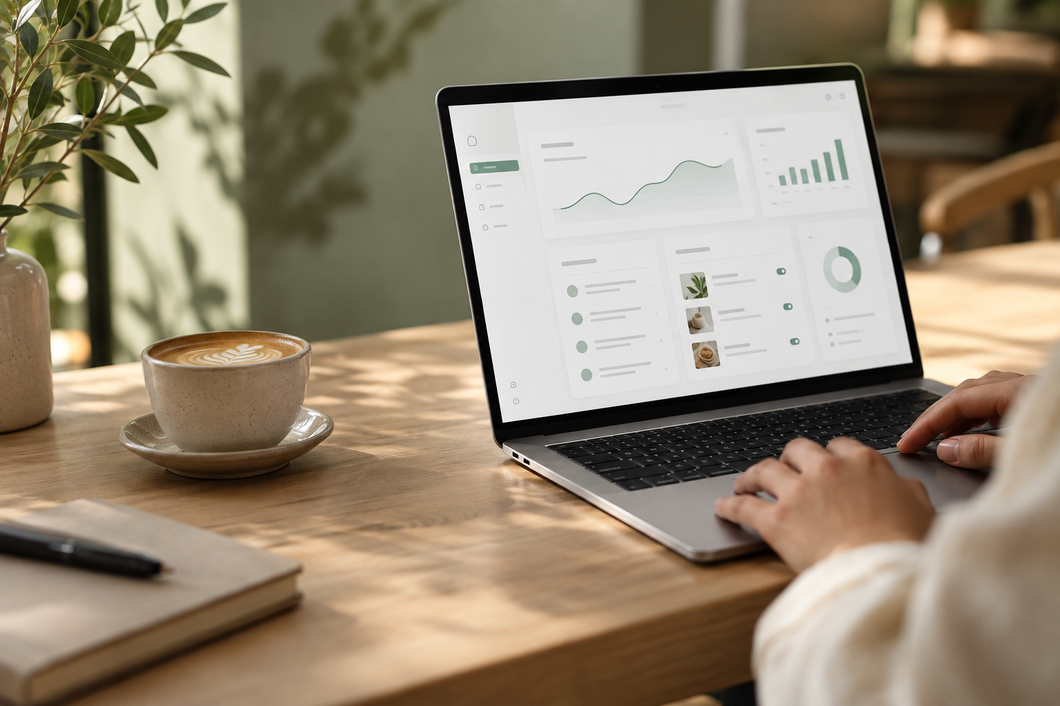 Illustrative laptop workspace showing marketing information beside a coffee.